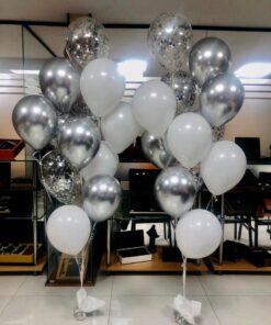 دسته بادکنک یونیک تم نقره ای (12عددی)کروم و پولکی و سفید1