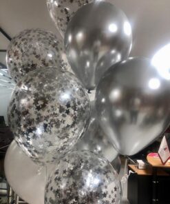 دسته بادکنک یونیک تم نقره ای (12عددی)کروم و پولکی و سفید2