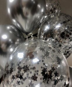 دسته بادکنک یونیک تم نقره ای (12عددی)کروم و پولکی و سفید3